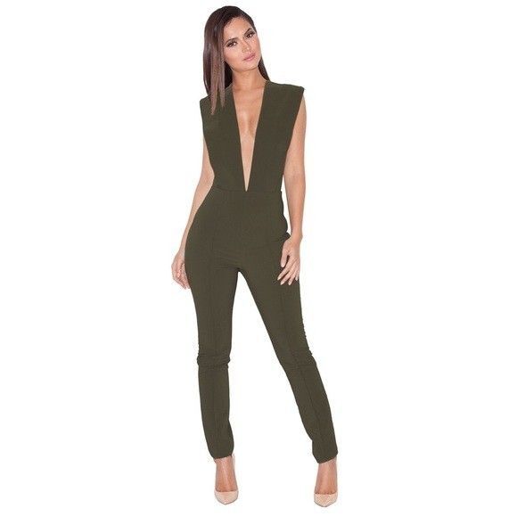 HOUSE OF CB Pants - NWT House of CB London Basia Khaki Green Deep V Fitted Jumpsuit Womens M 6-8